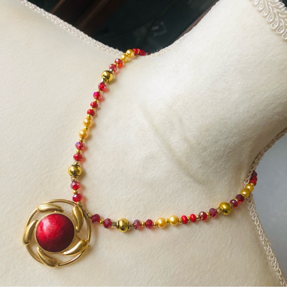 Handcrafted repurpose red swirl pendant Czech glass Pearl necklace